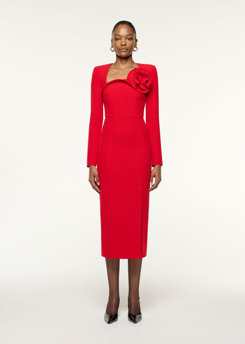 ROLAND MOURET FLOWER DRAPE CREPE MIDI