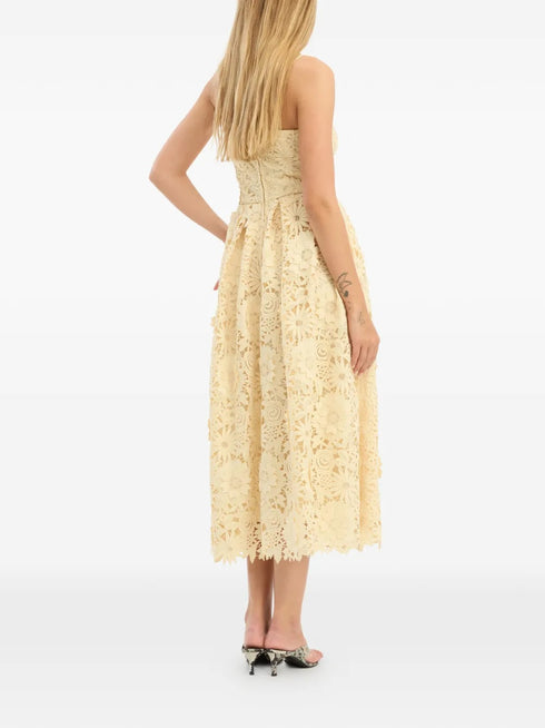 ROTATE 3D LACE FLARED MIDI DRESS