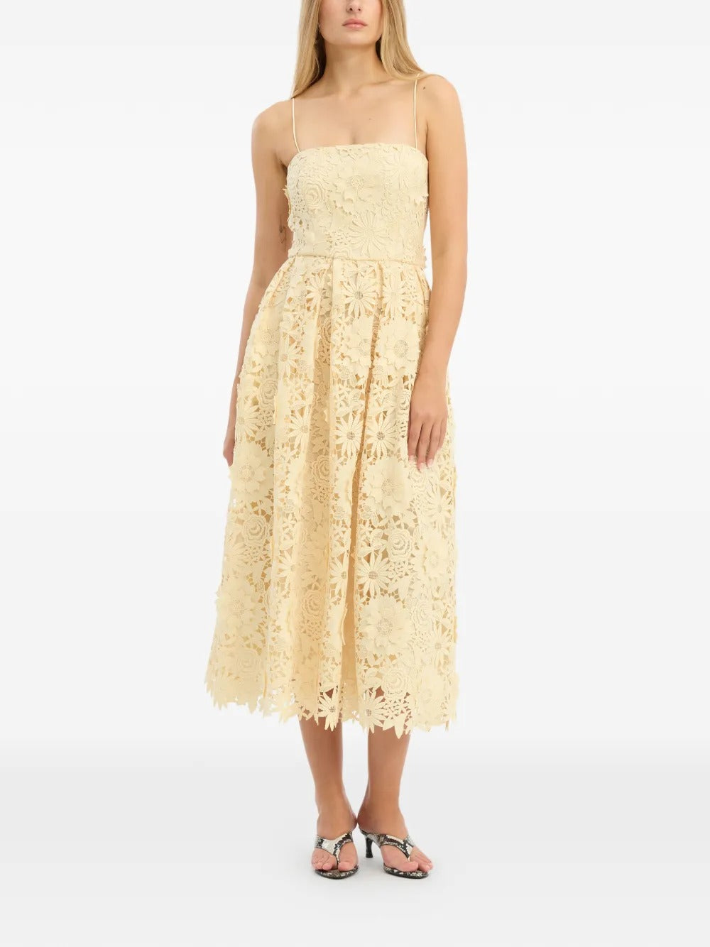 ROTATE 3D LACE FLARED MIDI DRESS